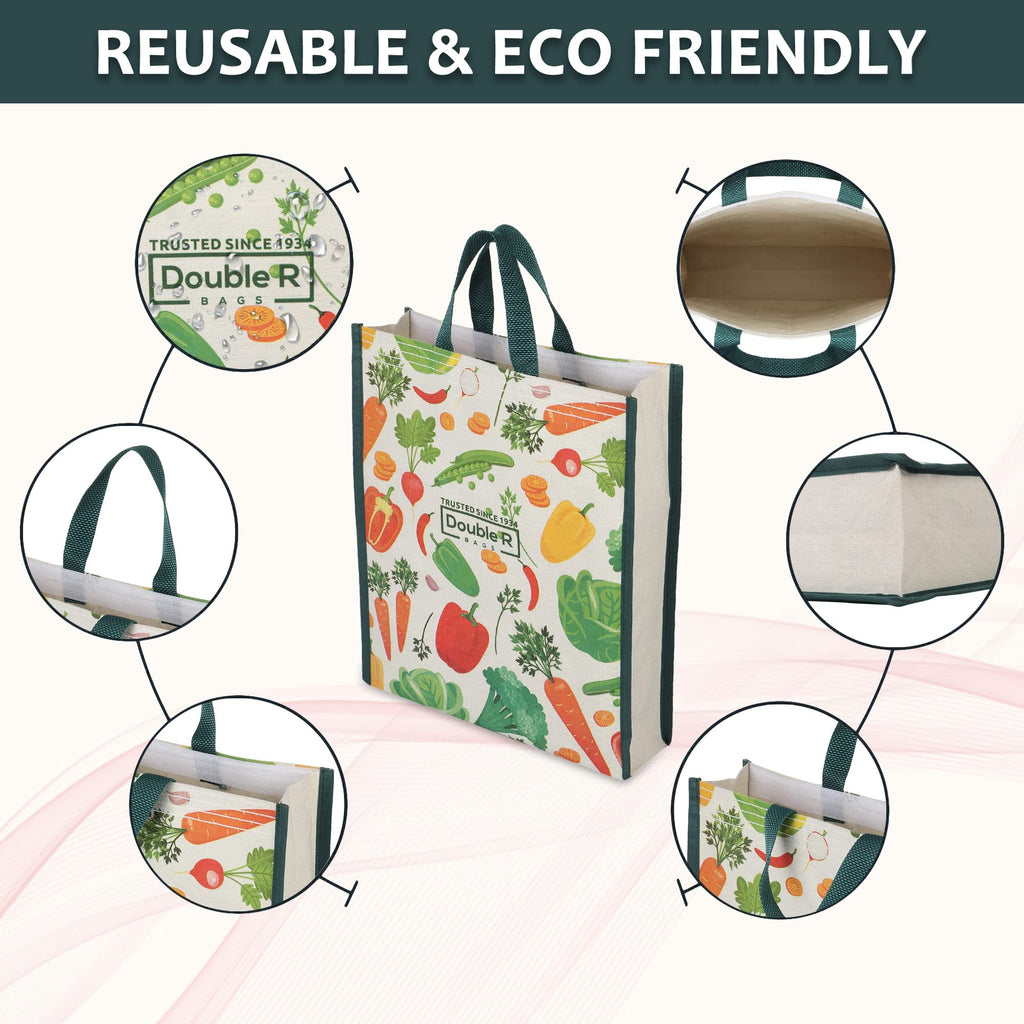 DOUBLE R BAGS Unisex Big Eco Cotton Canvas Shopping BAGS For Carry Milk Grocery Fruits Vegetable With Reinforced Handles Jhola Bag - Kitchen Essential (17X8.5X14-Inches) (VEG-01, Pack Of 1)