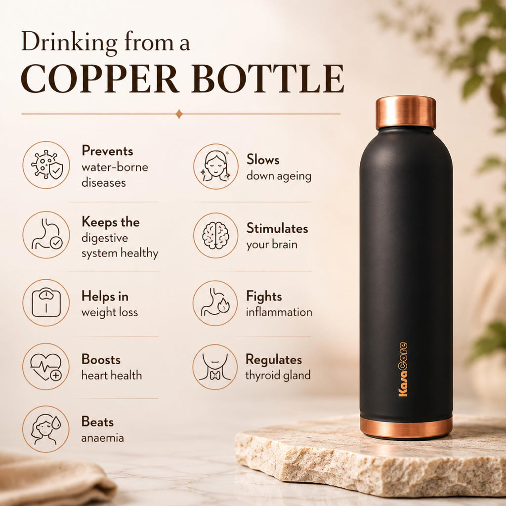 KasaCore Premium Copper Water Bottle 750 ml 99% Pure Copper | Leakproof Bottle with Matte Black Finish for Office Gym Travel Daily Use (BLACK)