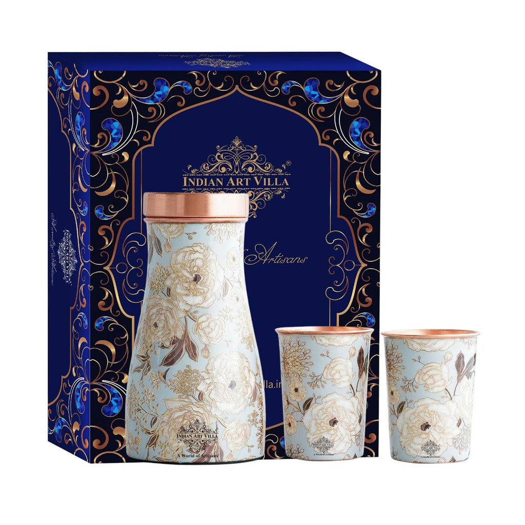 INDIAN ART VILLA Copper Gold Printed Bedroom Bottle with 2 Glass Set – 900 ML Bottle & 300 ML Glasses, Ayurvedic Drinkware Gift Set for Home, Office, and Gifting