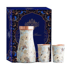 INDIAN ART VILLA Copper Gold Printed Bedroom Bottle with 2 Glass Set – 900 ML Bottle & 300 ML Glasses, Ayurvedic Drinkware Gift Set for Home, Office, and Gifting