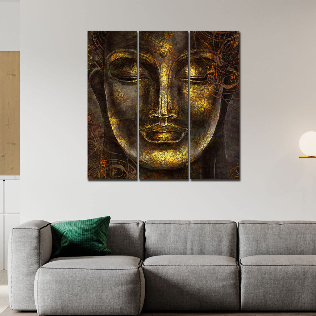 VIBECRAFTS 3 Pieces Sculpture Buddha Canvas Wall Painting Fitted With Wooden Frame For Home | Office | Living Room | Gifts (PTVC3Pcs1_9590)
