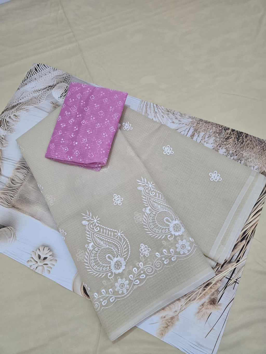 SUNEHRIDORIA Women’s Kota Doria Embroidery Saree with Blouse | Lightweight Soft Cotton Blend Kota Doria Saree | White Chikankari Style Thread Work Saree for Women (Cream)