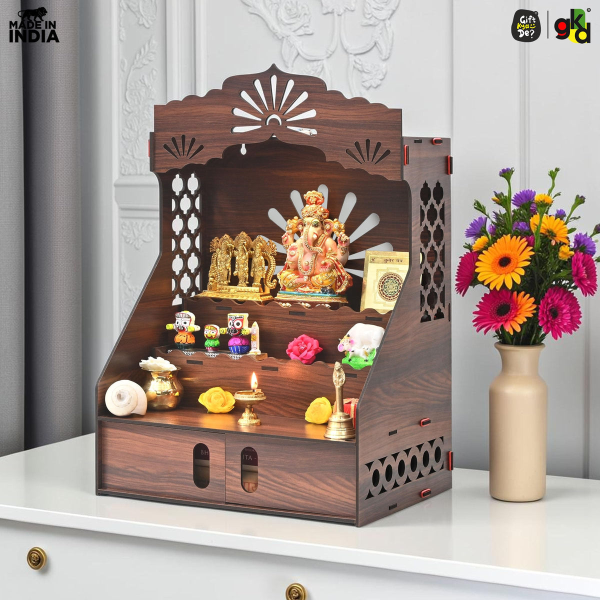 Gift Kya De Wooden Temple for Home with Storage, Step Mandir 22 x 14 x 11 Inch, Wall Mount & Tabletop Pooja Mandir, DIY Assembly Home Temple for Living Room, Office & Prayer Room