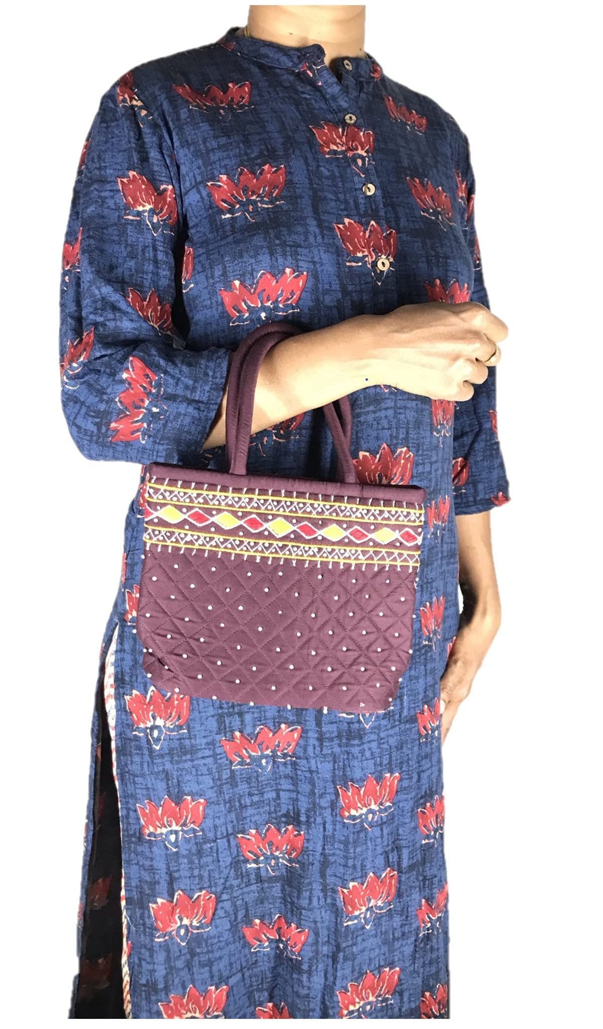 srishopify handicrafts SIZE MINI traditional hand bag for women stylish Design Small Handle Bags Cotton handmade 9x7x3 Inch(original Beads and Thread Work)