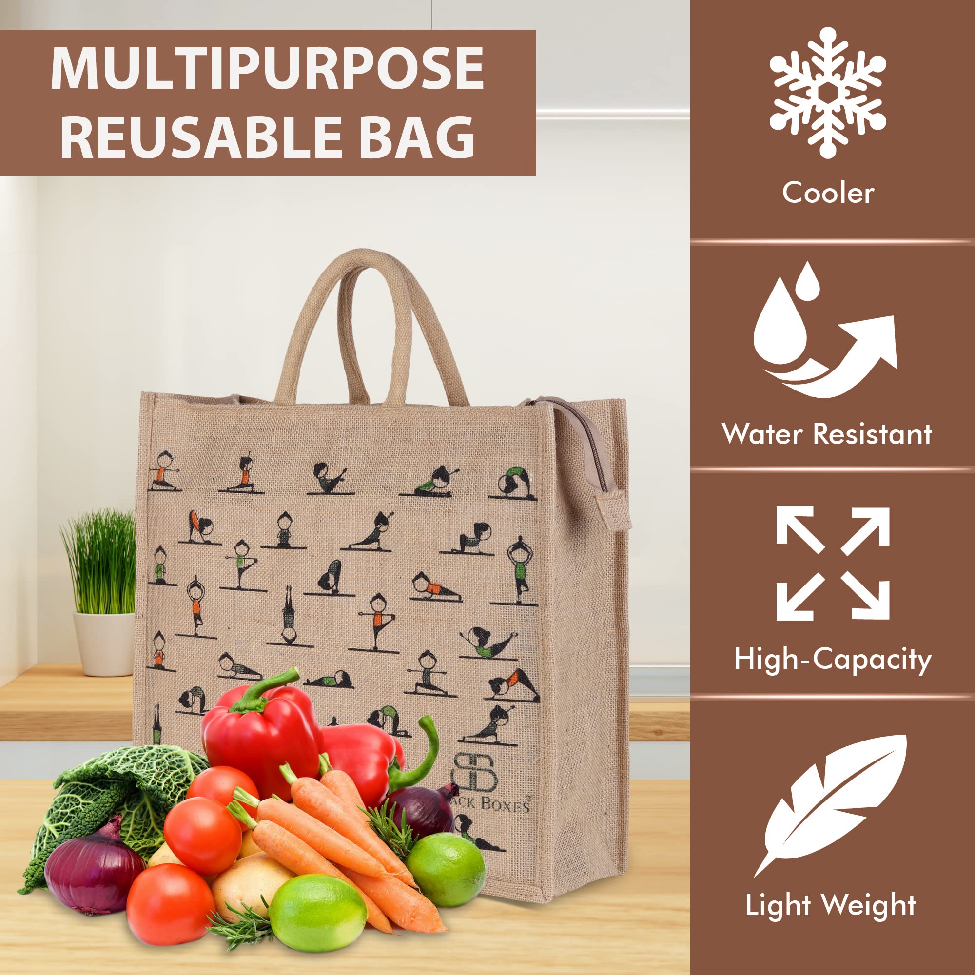 BLACKBOXES Big Eco Cotton Jute Shopping Bags for Carry Milk Grocery fruits Vegetable with Reinforced Handles Lunch Bag (Medium, Pack of 5)
