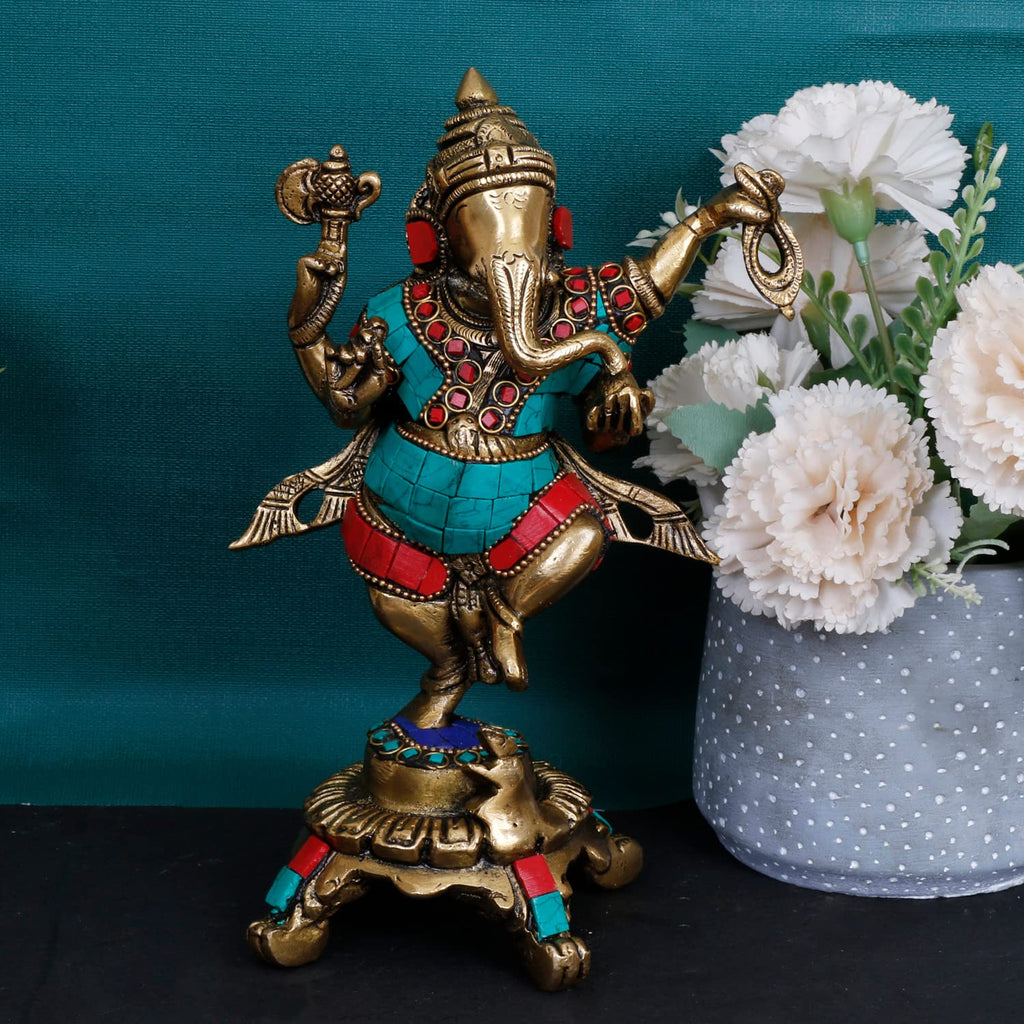 ARTVARKO Brass Dancing Ganesh Idol Multicolor Statue Murti Blessing Ganesha Vinayak Ganpati Sitting Sculpture Bhagwan Home Entrance Décor Temple Puja Gift Height 7.5 Inch