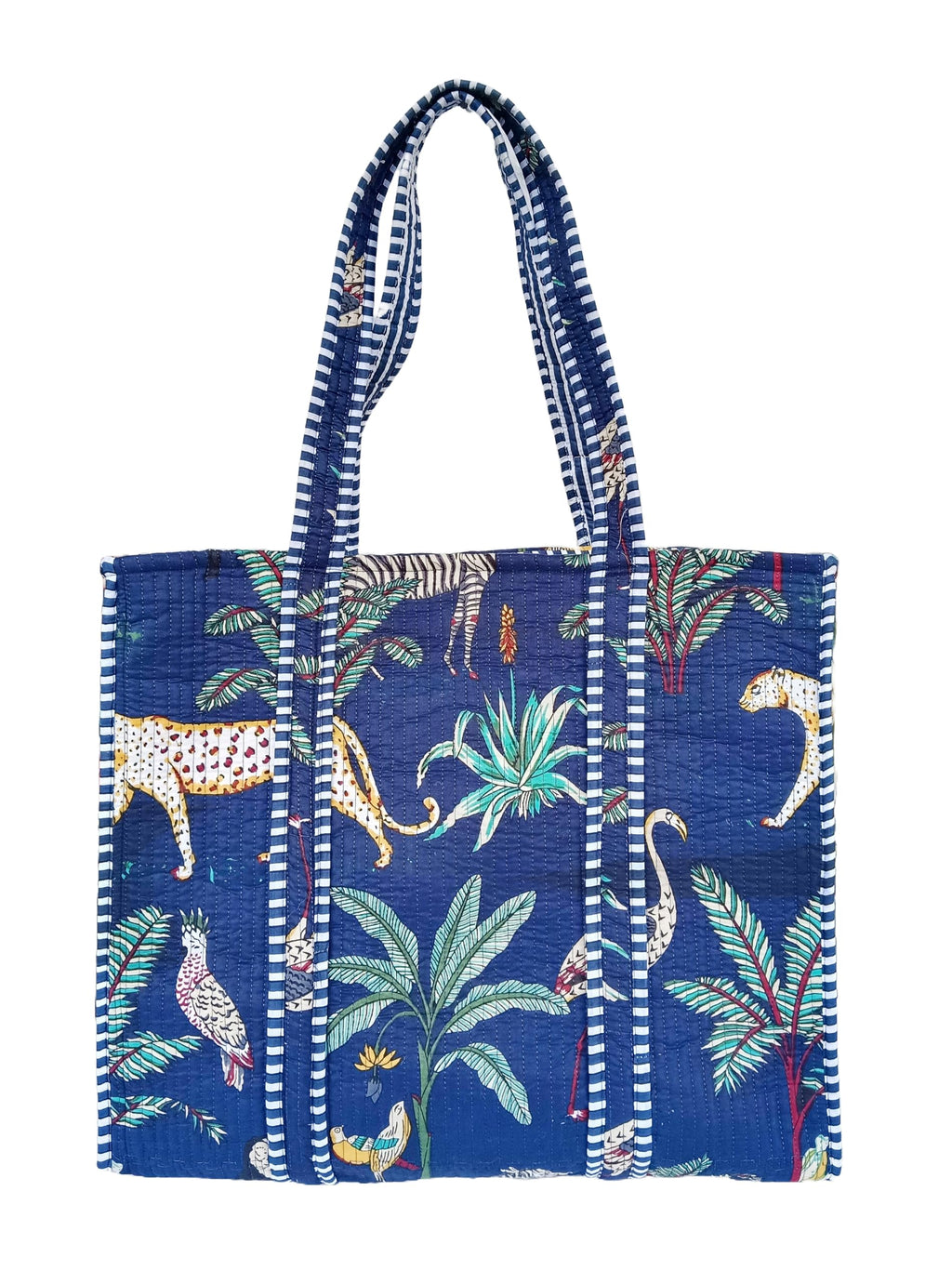 Rastogi Handicrafts Quilted Cotton Women Beautiful Printed Grocery Shopping Bag, Shoulder Bag, Tote Bag, Travel Bags, Dark Blue, 18X6X15 Inch