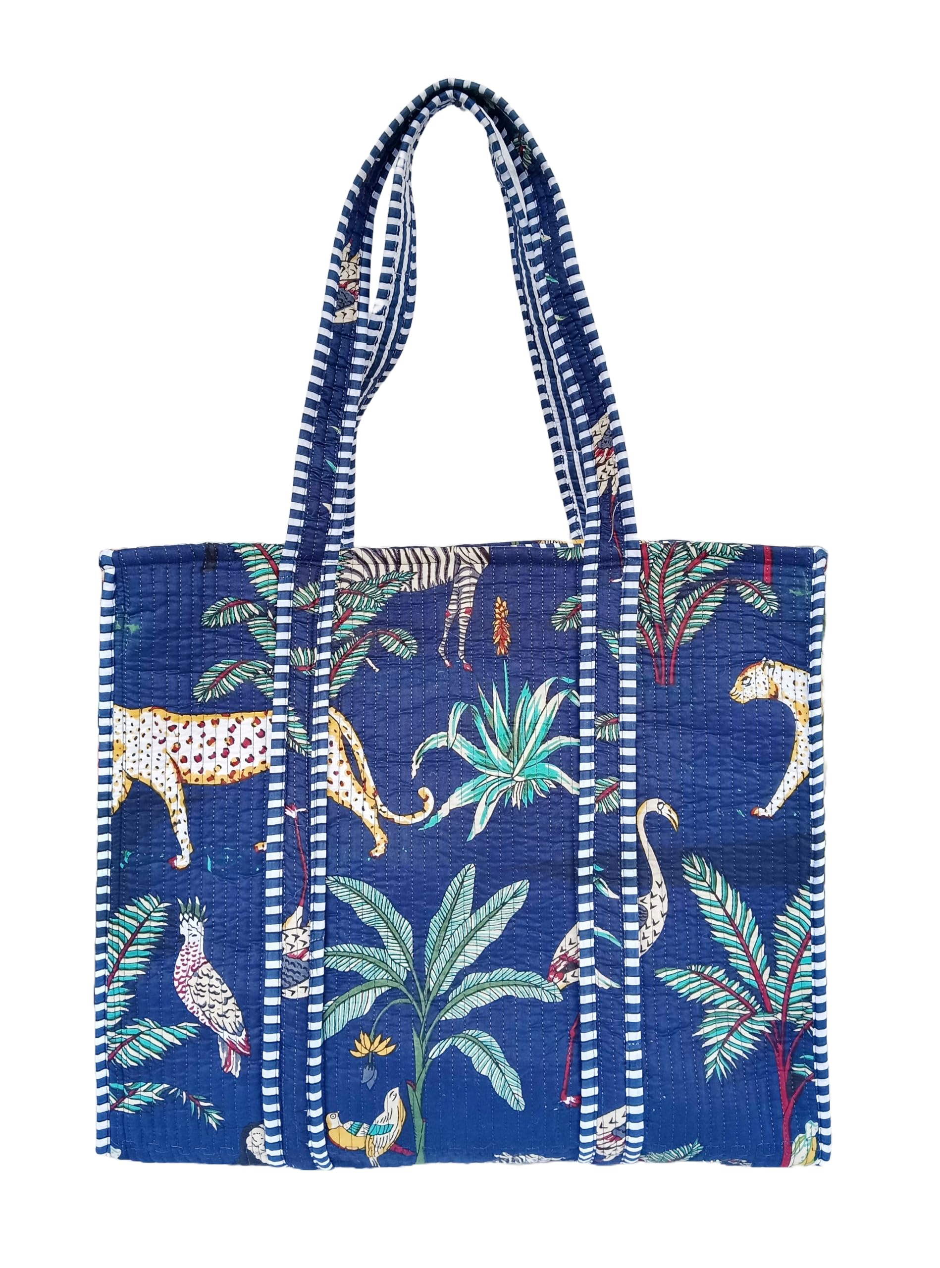 Rastogi Handicrafts Quilted Cotton Women Beautiful Printed Grocery Shopping Bag, Shoulder Bag, Tote Bag, Travel Bags, Dark Blue, 18X6X15 Inch