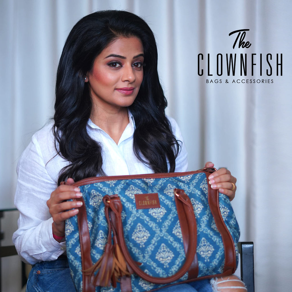 THE CLOWNFISH Lorna Printed Handicraft Fabric Handbag for Women Office Bag Ladies Shoulder Bag Tote for Women College Girls (White with Grey Stripes)