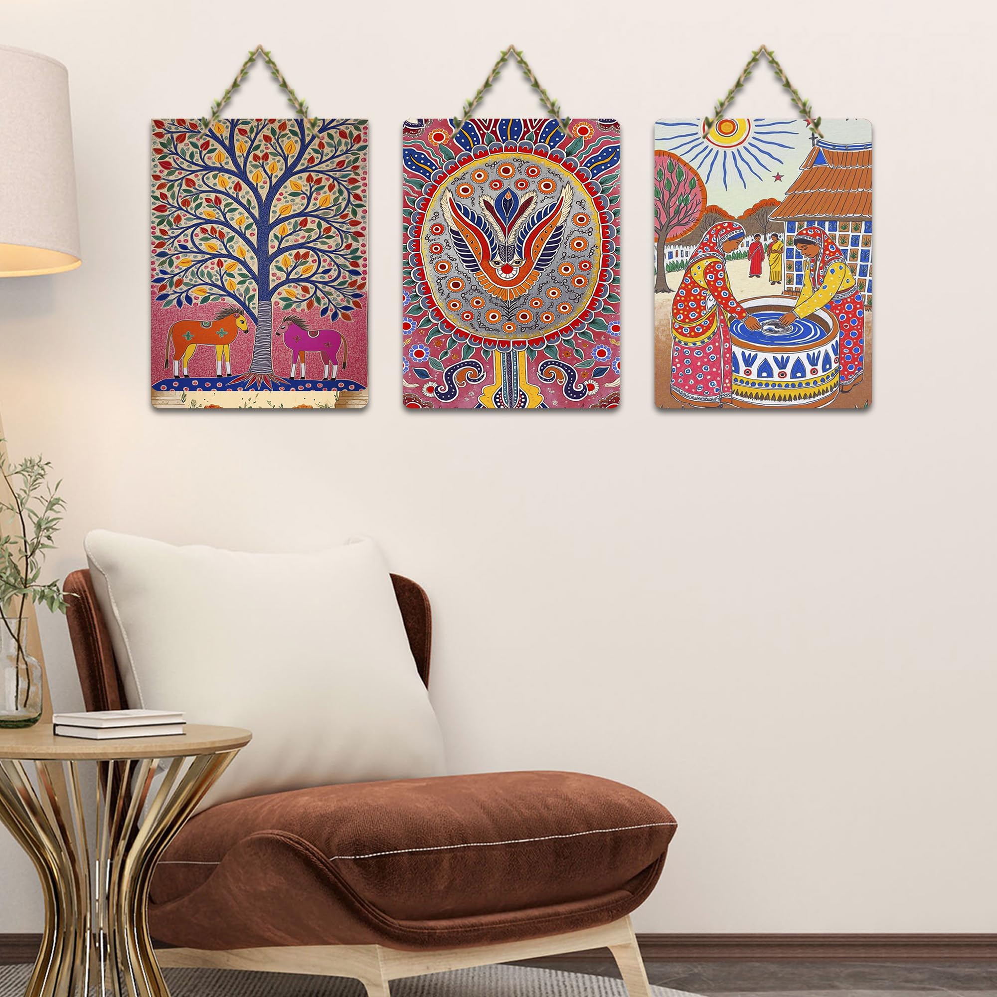 Artvibes Colorful Nature Wall Decor Wooden Wall Hanger for Home Decor | Living Room | Office | Cafe | Painting Wall Decor | Wall Poster | Artworks Hangings | Unique Gift (WH_96130N), Set of 3