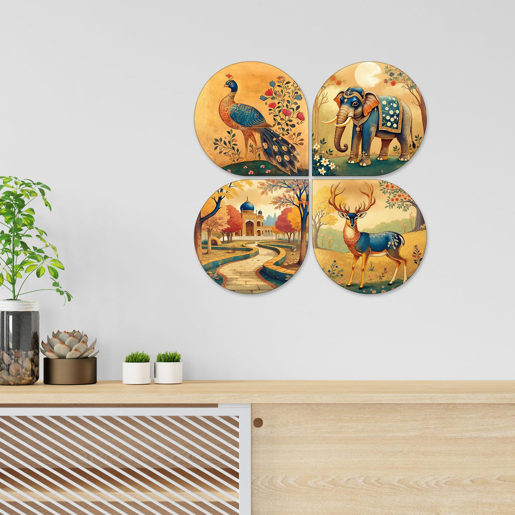 Artvibes Indian Cultural Art Decorative Wall Art MDF Wooden Wall Hanger for Living Room | Room Decoration | Handcrafted Art | Wall Illustrations | Artworks Hangings | Gift Items (WH_8431N), Set of 4