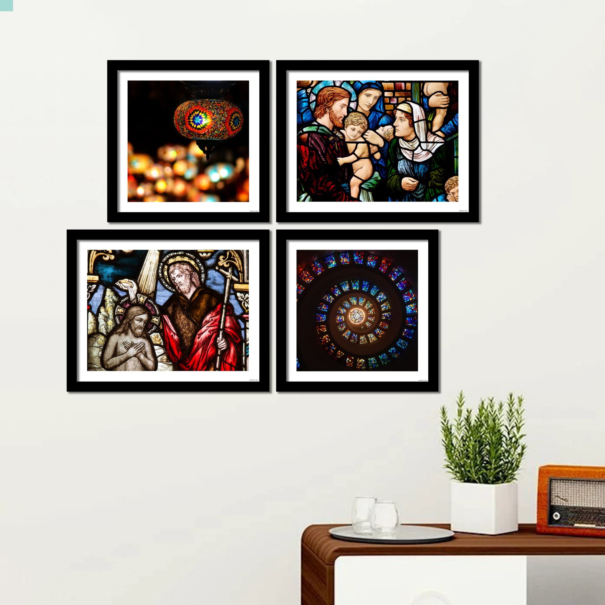 VIBECRAFTS Christian Stained Glass Art 4 Pieces Wall Frame Hanging For Office Digital Reprint Posters with Synthetic Wooden Home Decorative Gift Item (15 x 12 inch) (PFVC4Pcs3_1504)
