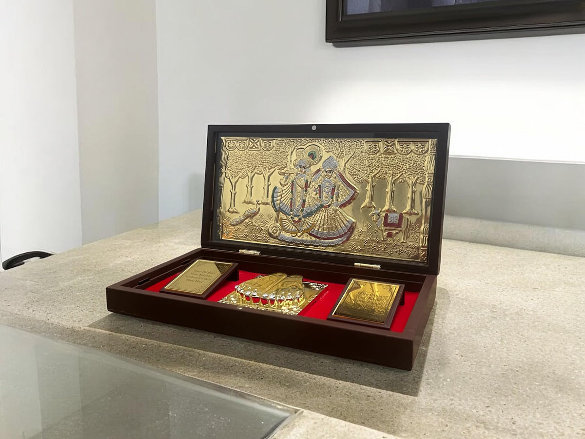 CharmInSilver 24k Gold Plated & 999 Pure Silver Coated | Radhakrishnan Charan Paduka Pooja Box | Packet Temple | Suitable Gift for Diwali,Occassions,Wealth,Prosperity & Vastu Benefits