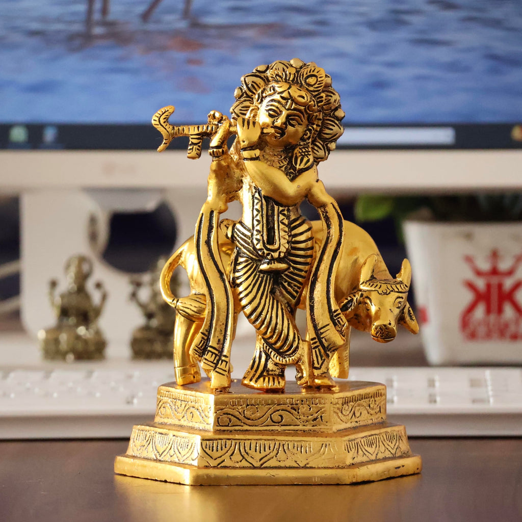 KridayKraft Lord Cow Krishna with Flute Metal Handicraft Statue, Gold-Plated Religious Showpiece Decorative Figurine,Hindu Religious Idol, 16 cm