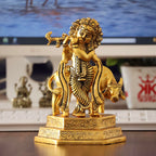 KridayKraft Lord Cow Krishna with Flute Metal Handicraft Statue, Gold-Plated Religious Showpiece Decorative Figurine,Hindu Religious Idol, 16 cm