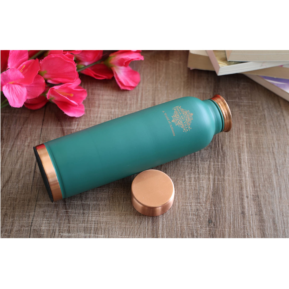 Indian Art Villa Copper Lacquer Coated Silk Finish Leak Proof Ergonomic Design Bottle in Turquoise Color, 900 ml, Pack of 1