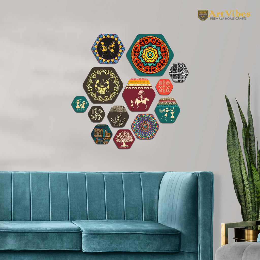 Artvibes Mandala Pattern Hexagon Shape MDF Wooden Wall Decor Items | Living Room | Office | Cafe | Handcrafted Art | Wall Accent | Art Painting | Artworks Hangings | Gift Items (WPS_217N), Set of 13