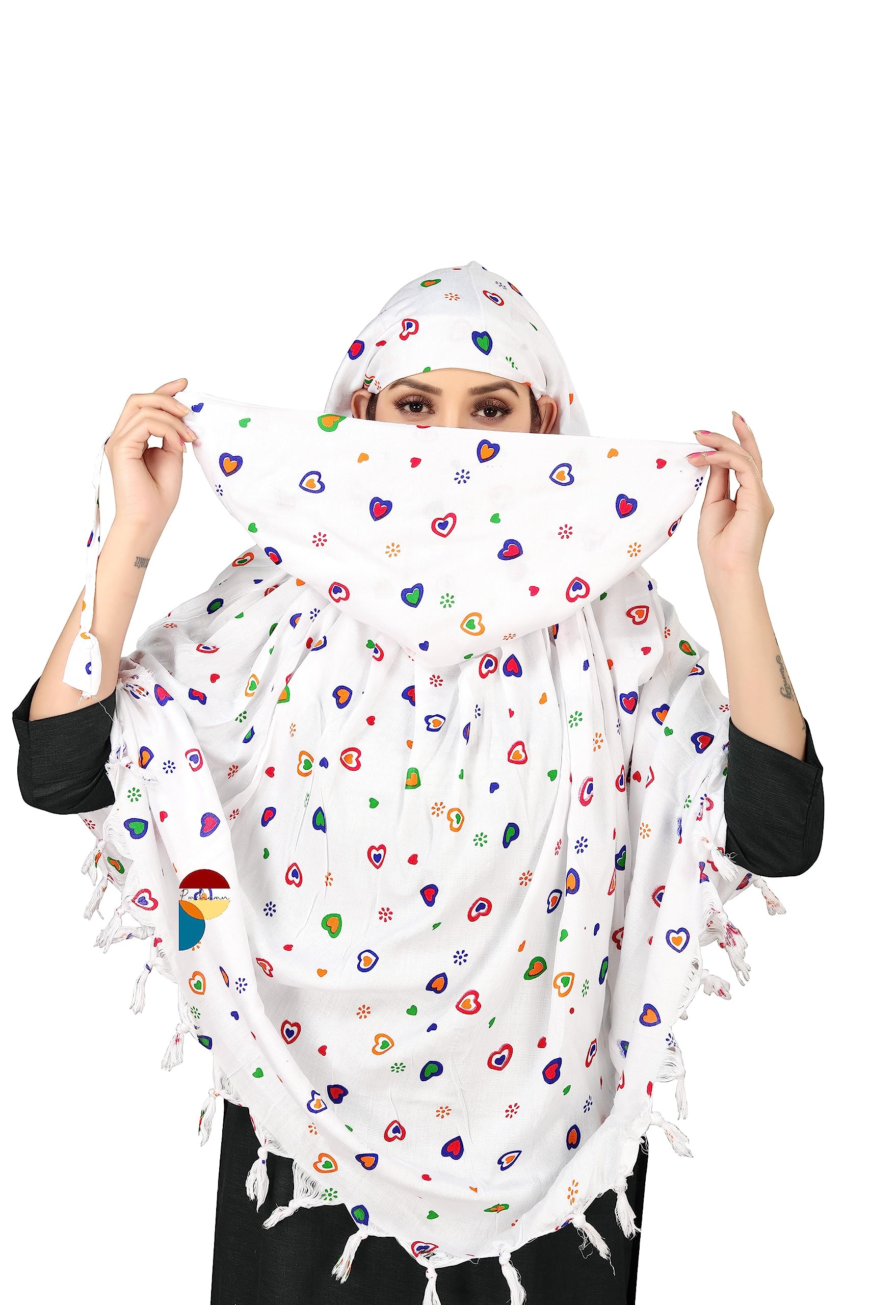 PRACHARAN Cotton Innovative Stylish Double Heart Printed Pattern Fancy Scarf With Sun Protection Cover Face Cotton Driving Scarf For Women's And Girls, White