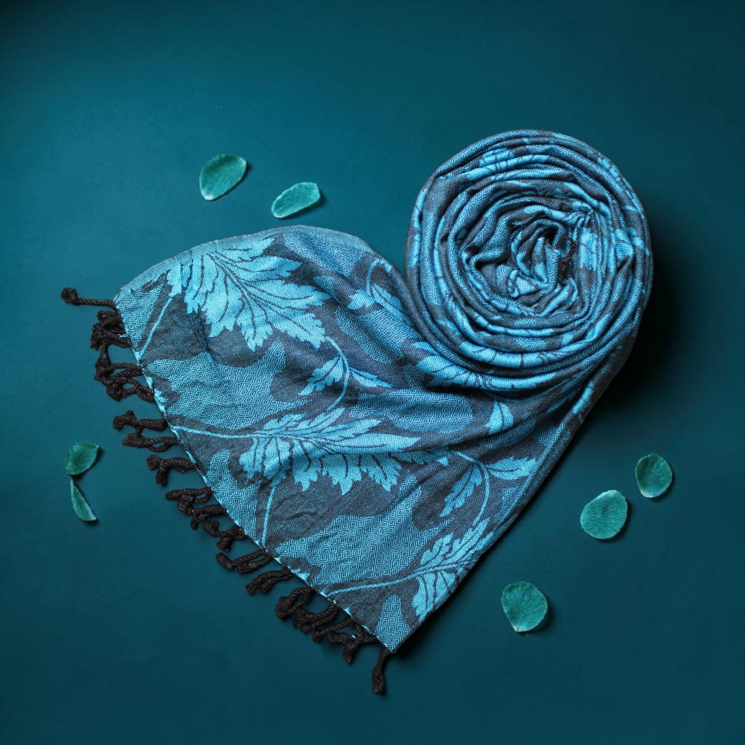 STOLE STUDIO Embellished Leaf Luxurious Viscose Stole Scarf (Black/Firozi)