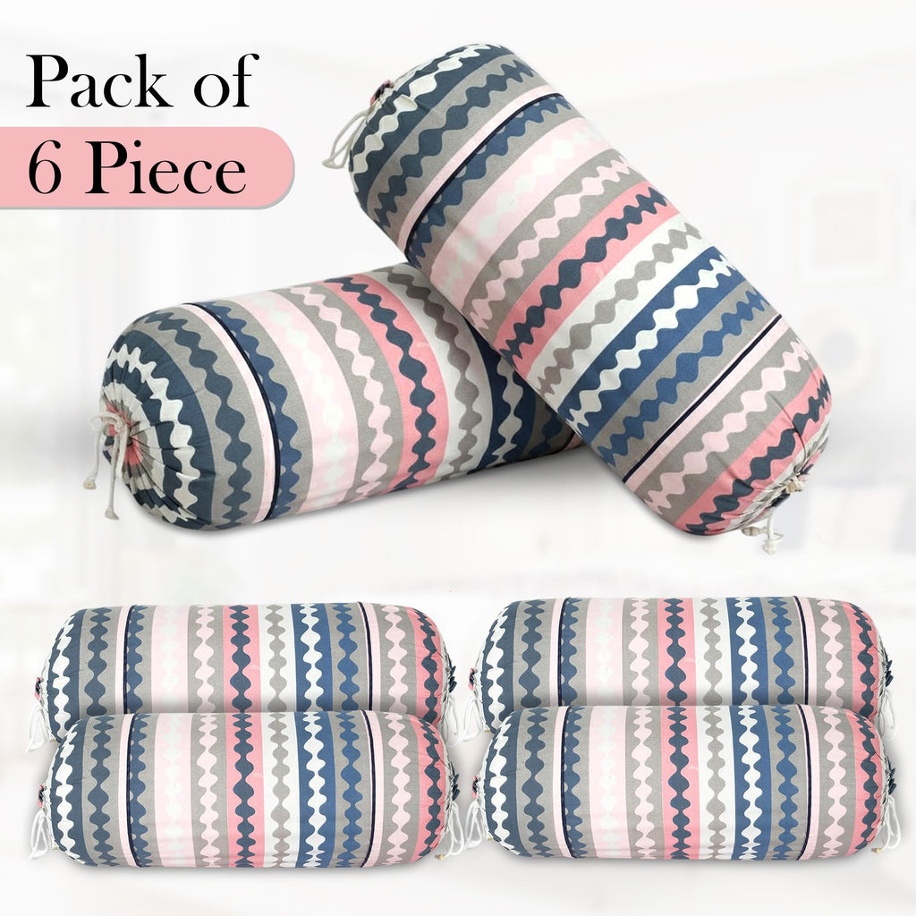 GLUN® Pack of 6 Zig Zag Multicolour Round Striped Bolster Pillow Covers, Size 16 inch x 30 inch (40 x 75 cm, Cream) Printed Polyester Silk Fabric for Living Room or Bedroom, Stylish & Modern Covers