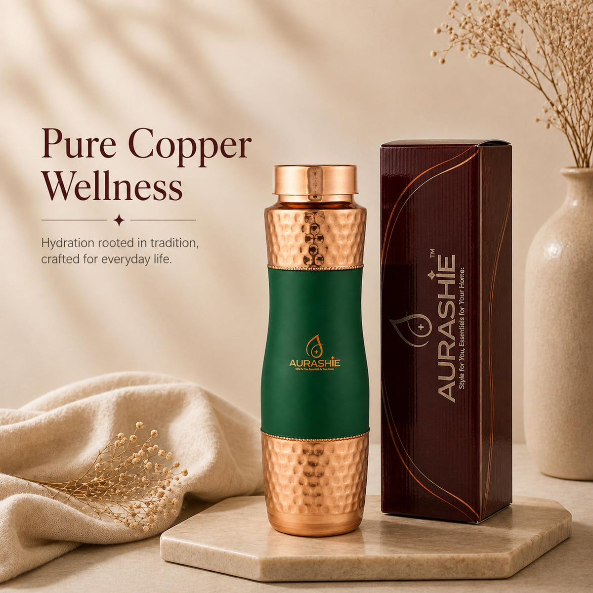AURASHIE Pure Copper Water Bottle 1 Litre | BPA Free & Leak Proof | Copper-Infused Water | Durable & Rust Proof | Ayurveda Health Benefits - Hammered Finish (Green Grip Sleeve)