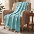HOKIPO Lagoon Mist Knitted Cotton Sofa Throw 50x60 Inches with Decorative Pom Pom Tassels for Elegant Living Room Sofa Bed, Chairs, 'Oasis Palm' Series (IN-1136-AQUA) Kafalo