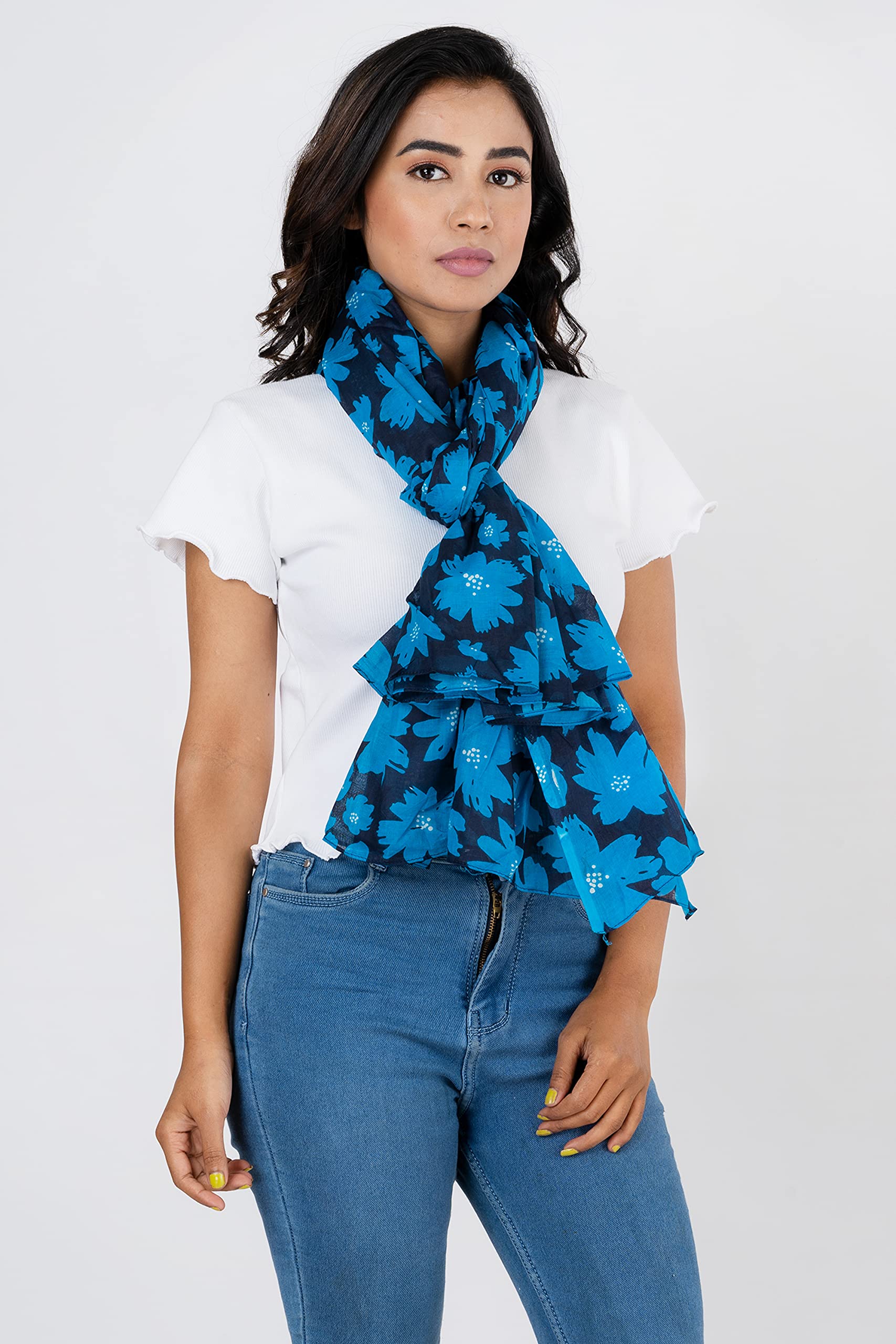 AQVA Printed Cotton Scarf for Women Stylish (Bahar Navy Turquoise) | Head and Face Cover Scarf for Girls with 100% Cotton | Soft & Lightweight Scarves/Stoles for all Weather (72 x 43 in)