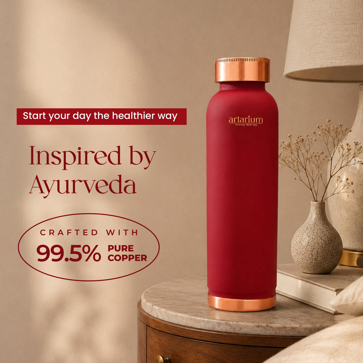 Artarium Copper Water Bottle for Travel Leak Proof and BPA Free, Office and Home Use, Ayurveda Inspired Bottle for Immunity Boost, Supports Digestion & Liver Health (1 Liter | Magenta)