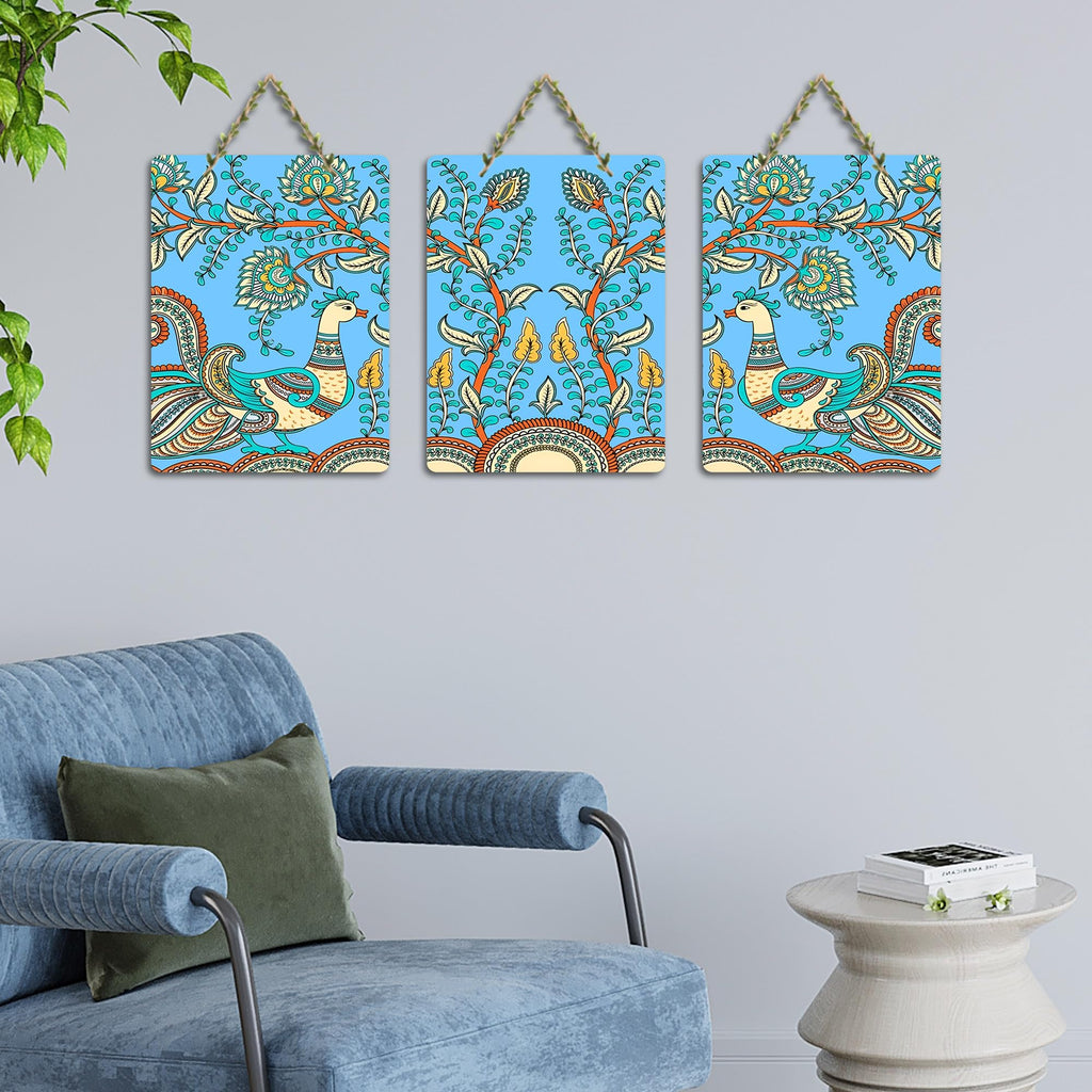 Artvibes Kalamkari Art Wooden Wall Hanger for Home Decor | Living Room | Wall Art Paintings | Wall Illustrations | Wall Accents | Door Hanging Art Items | Gift Items (WH_96160N), Set of 3