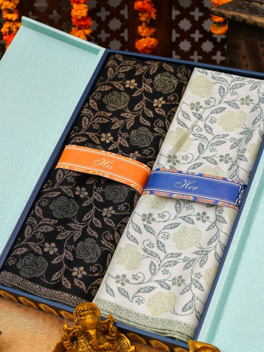 Pashmoda His and Her Gift Set of Kaani Wool Blend Stole With Wooden Gift Box