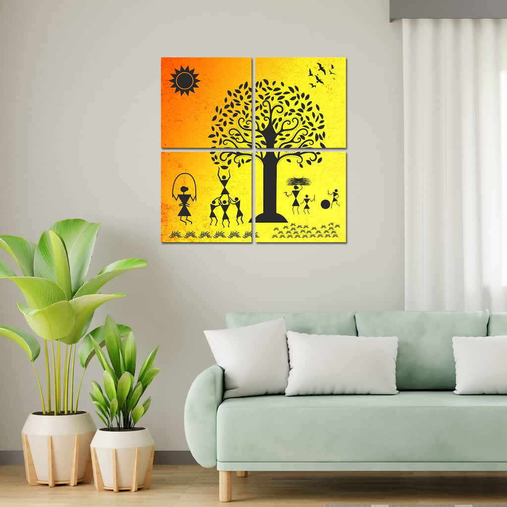 VIBECRAFTS Beautiful Warli Art Village 4 Pieces Canvas Wall Hanging Painting Fitted With Wooden Frame For Home | Office | Living Room | Gifts (PTVC4Pcs5_16603)