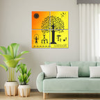 VIBECRAFTS Beautiful Warli Art Village 4 Pieces Canvas Wall Hanging Painting Fitted With Wooden Frame For Home | Office | Living Room | Gifts (PTVC4Pcs5_16603)