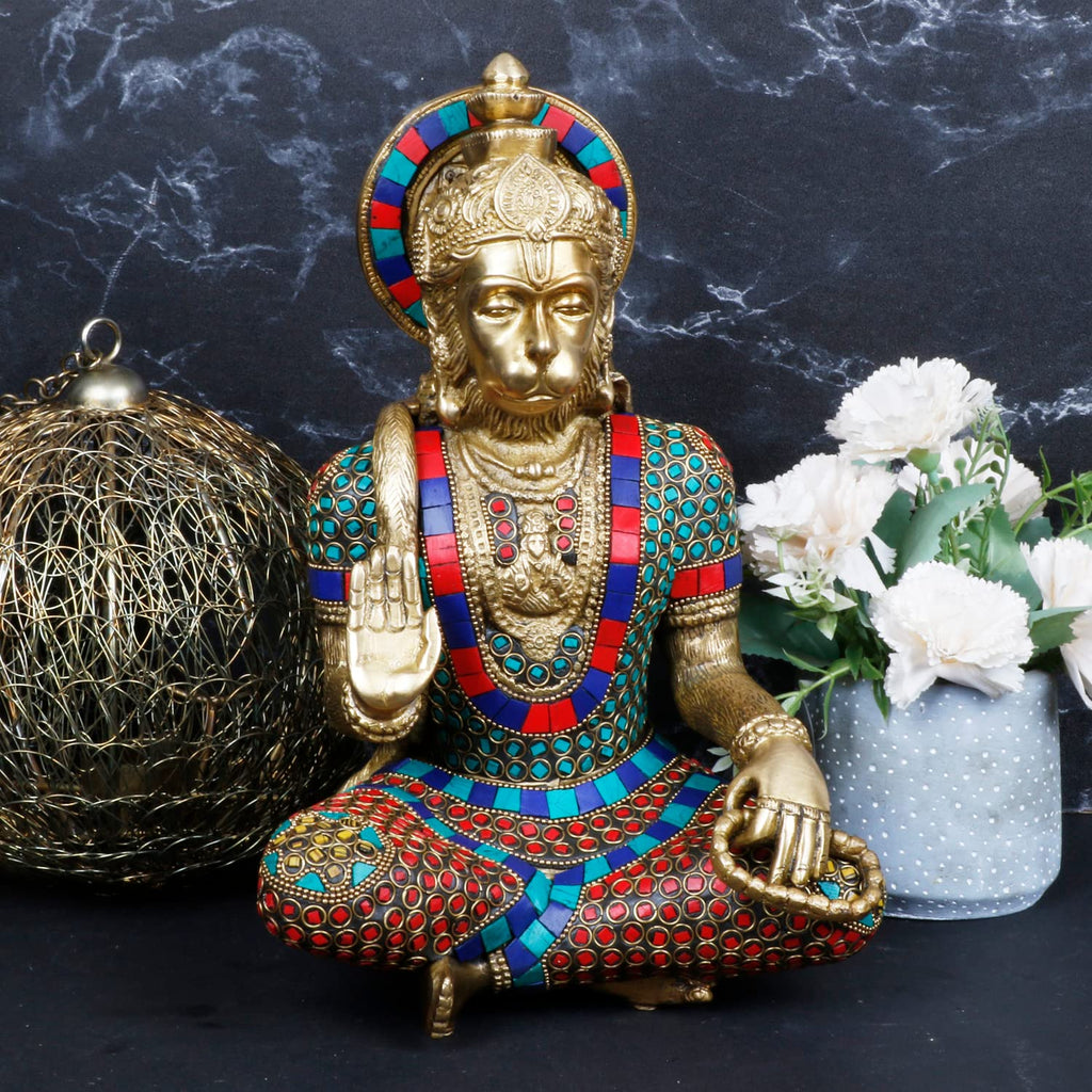 ARTVARKO Big Brass Lord Hanuman Ji Blessing Multicolor Stone Handwork Murti Bajrangbali Bhagwan Statue Height 11