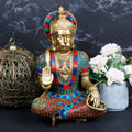 ARTVARKO Big Brass Lord Hanuman Ji Blessing Multicolor Stone Handwork Murti Bajrangbali Bhagwan Statue Height 11