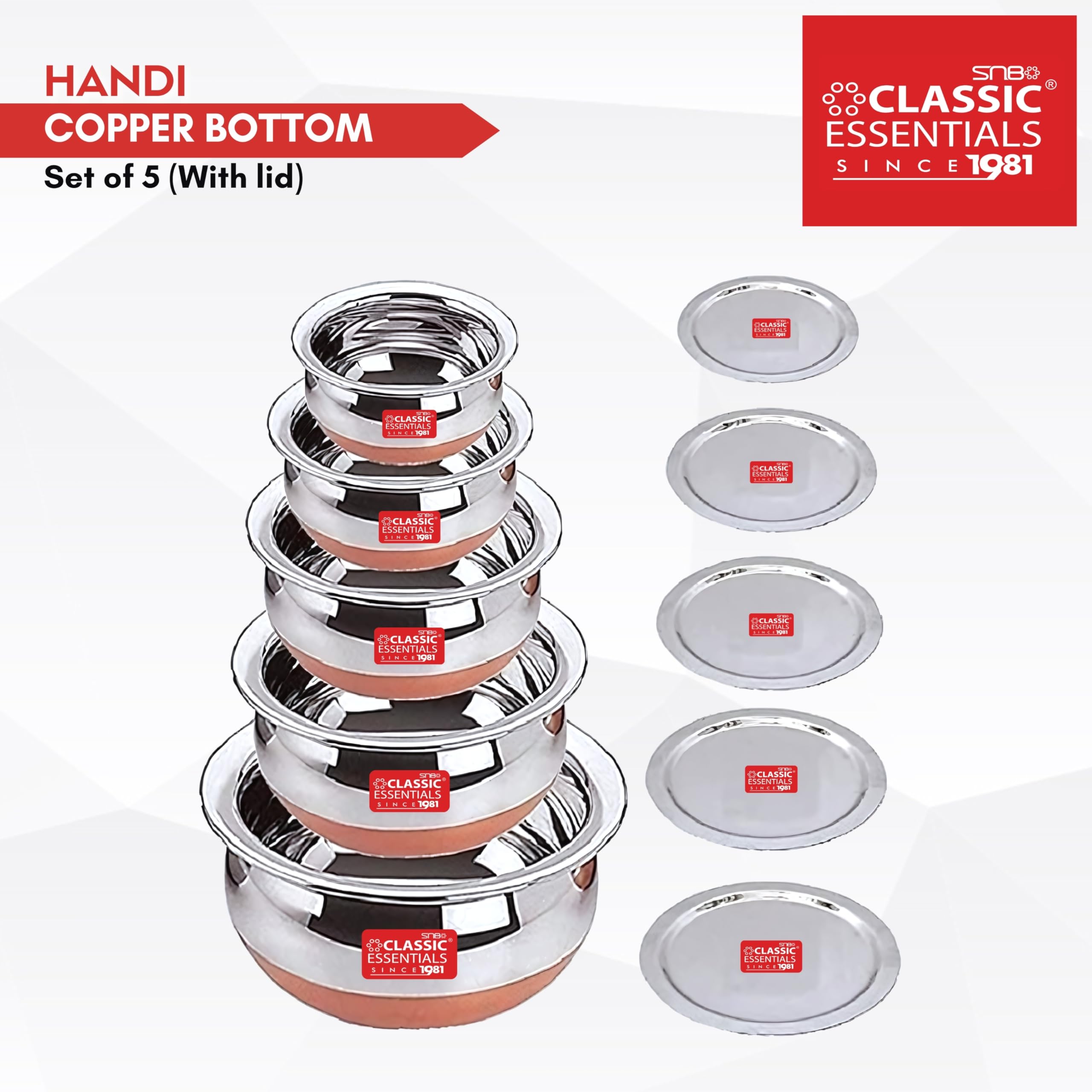 Classic Essentials Copper Bottom Stainless Steel Handi Set with lid/Cookware Set/Patila/Bhagona/Biryani Cook & Serve (10)