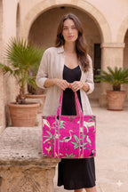 Rastogi Handicrafts Quilted Cotton Women Beautiful Printed Grocery Shopping Bag, Shoulder Bag, Tote Bag, Travel Bags, Pink, 18X6X15 Inch