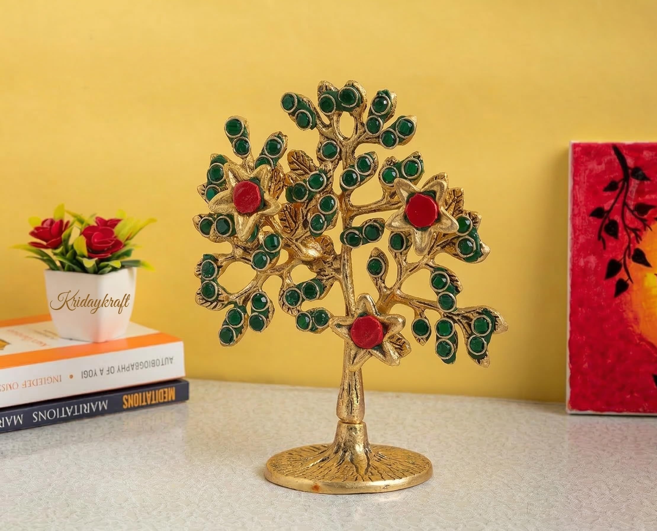 Metal Kalpavriksha Tree for Home Decor - Golden Wish Fulfilling Tree Metal Showpiece for Temple, Vastu, Office Table & Gifting Banyan (No 1 Golden with Stone)