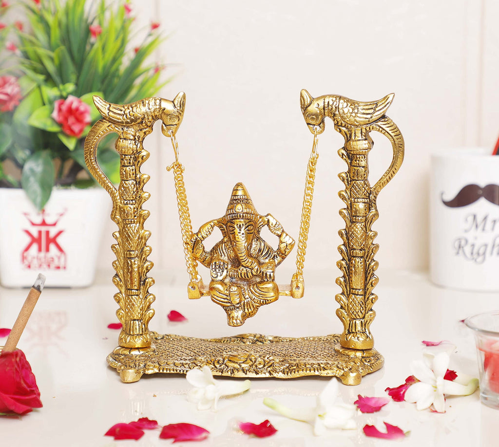 KridayKraft Ganesh ji Idol,Ganpati murti on Swing jhula for Temple Pooja, Ganesha Metal Statue Table Decorative Home,Office & Gift Your Relatives,Religious Idol Showpiece Figurines Gift Article...