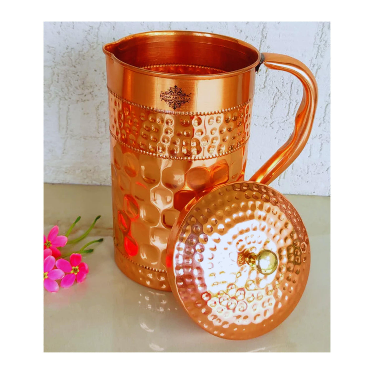 Indian Art Villa Pure Copper Jug/Pitcher with Diamond Hammered Beeding Design, Drinkware & Storage Purpose, Volume-1500 ML