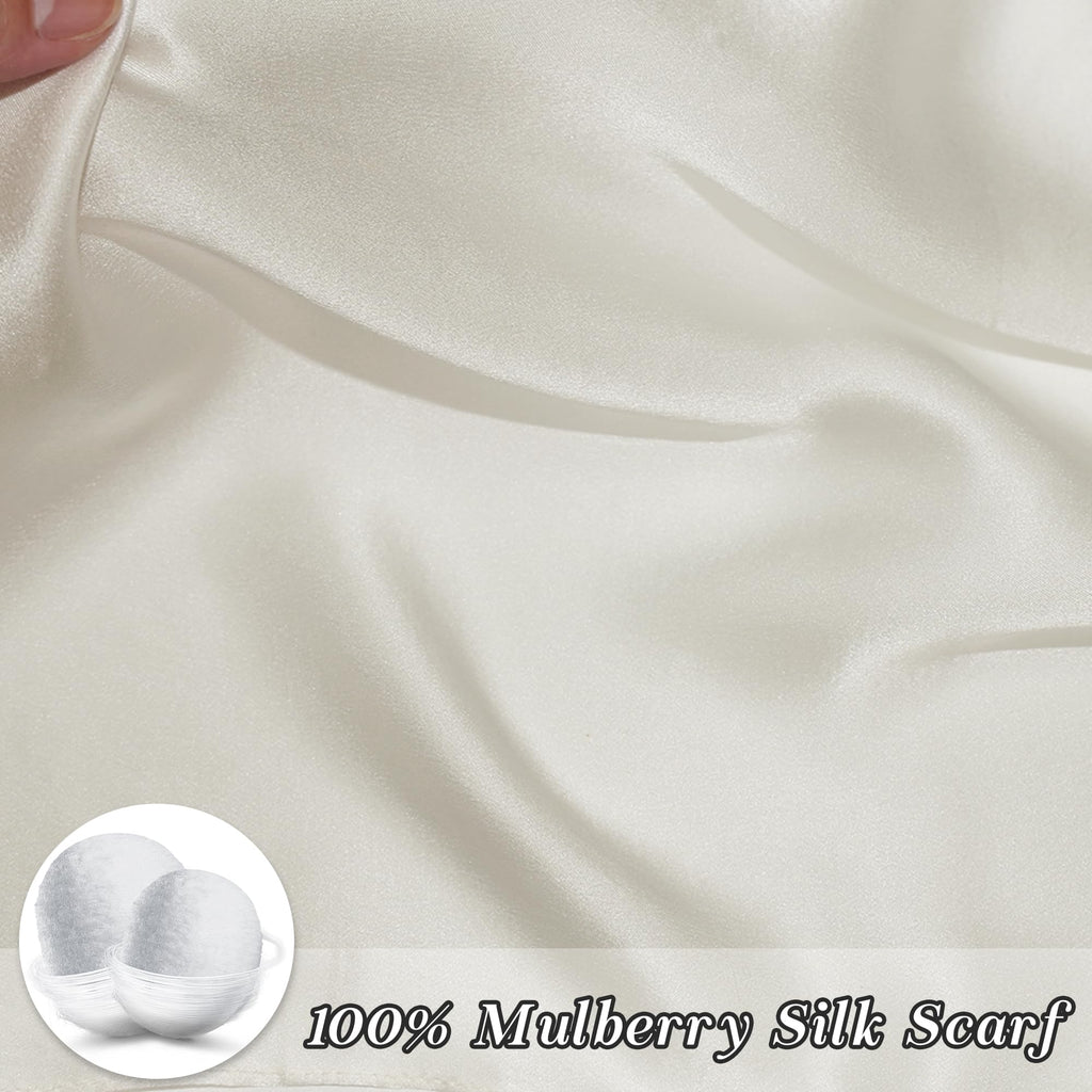 Ciormis 100% Mulberry Silk Scarf-Women's 21''/27''Square Silk Hair Head Scarf Neckerchief with Gift Packaged, 21''x 21''-style 05-ivory, 21''x 21''