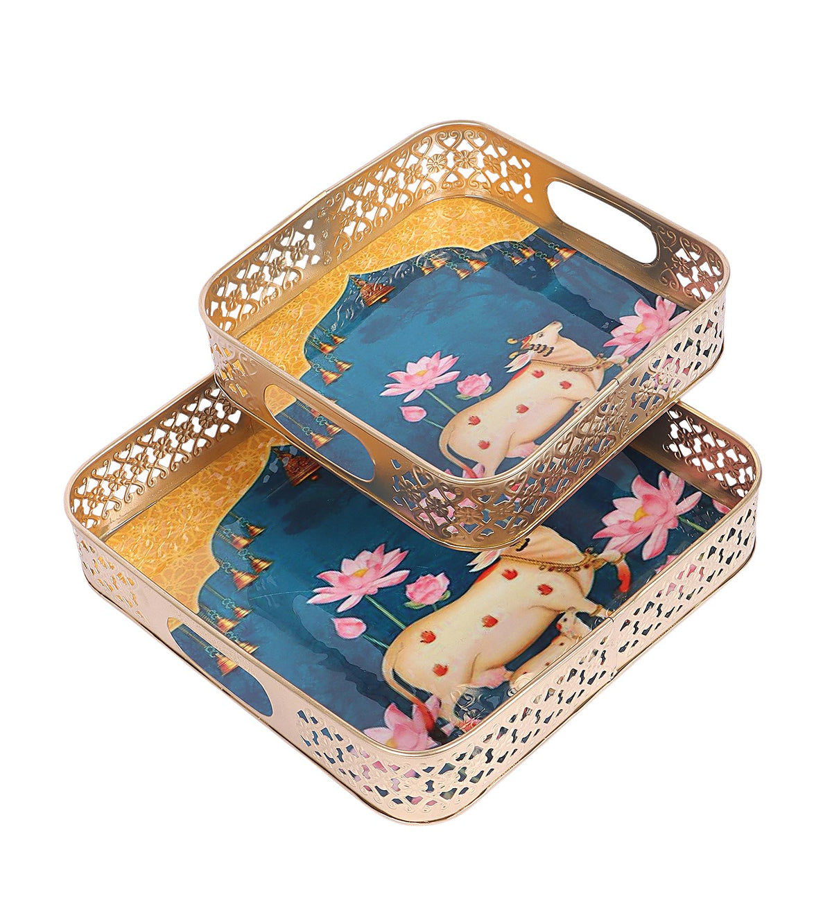 Two Moustaches Metal Square Shaped Cow with Calf Design Serving Tray Set (8 Inches & 10 Inches),Serving Plates for Home,Platters for Tea/Fruits/Snacks,Decorative Pichwai Tray,Multicolored,Pack of 2