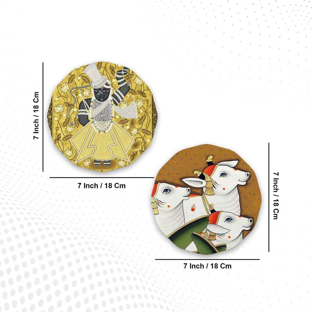 Artvibes Cow Round Shape Round Shape MDF Wooden Wall Art for Home Decoration | Spiritual Decor Items | Wall Art Paintings | Wall Poster| Stylish Modern Artwork | Gift Items (WH_8819N), Set of 2