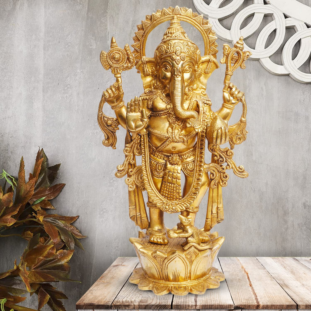 ARTVARKO Brass Lord Ganesha Bhagwan Standing with Mooshak Mangalkari Ganesh Idol Ganpati Murti Statue Home Office Entrance 16 Inches.