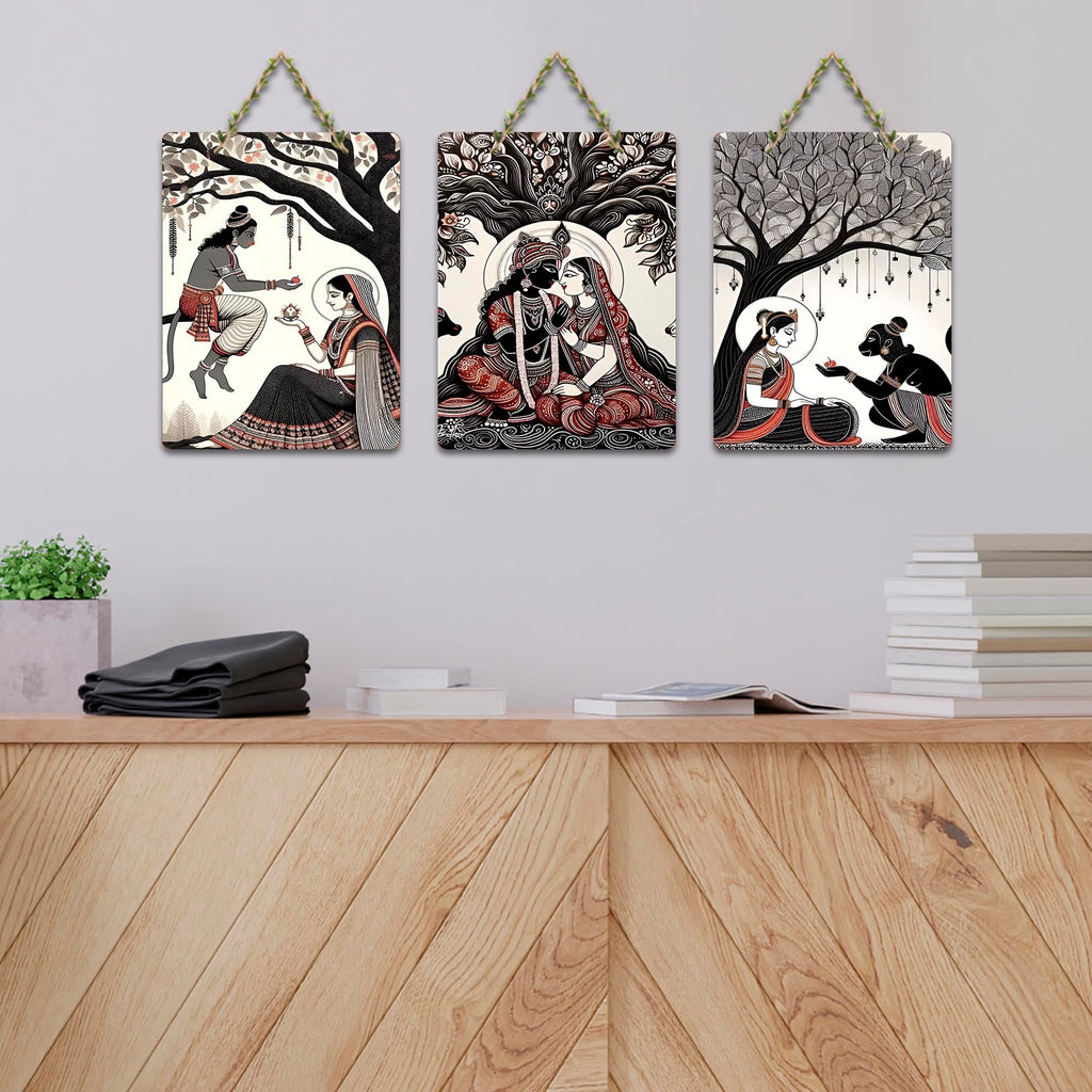 Artvibes Devotional Indian Spiritual Modern Art Wooden Art Decoration Item for Living Room | Art For Wall | Wall Sculpture | Signs & Plaques | Wall Art Print | Unique Gift Items (WH_9624N), Set of 3