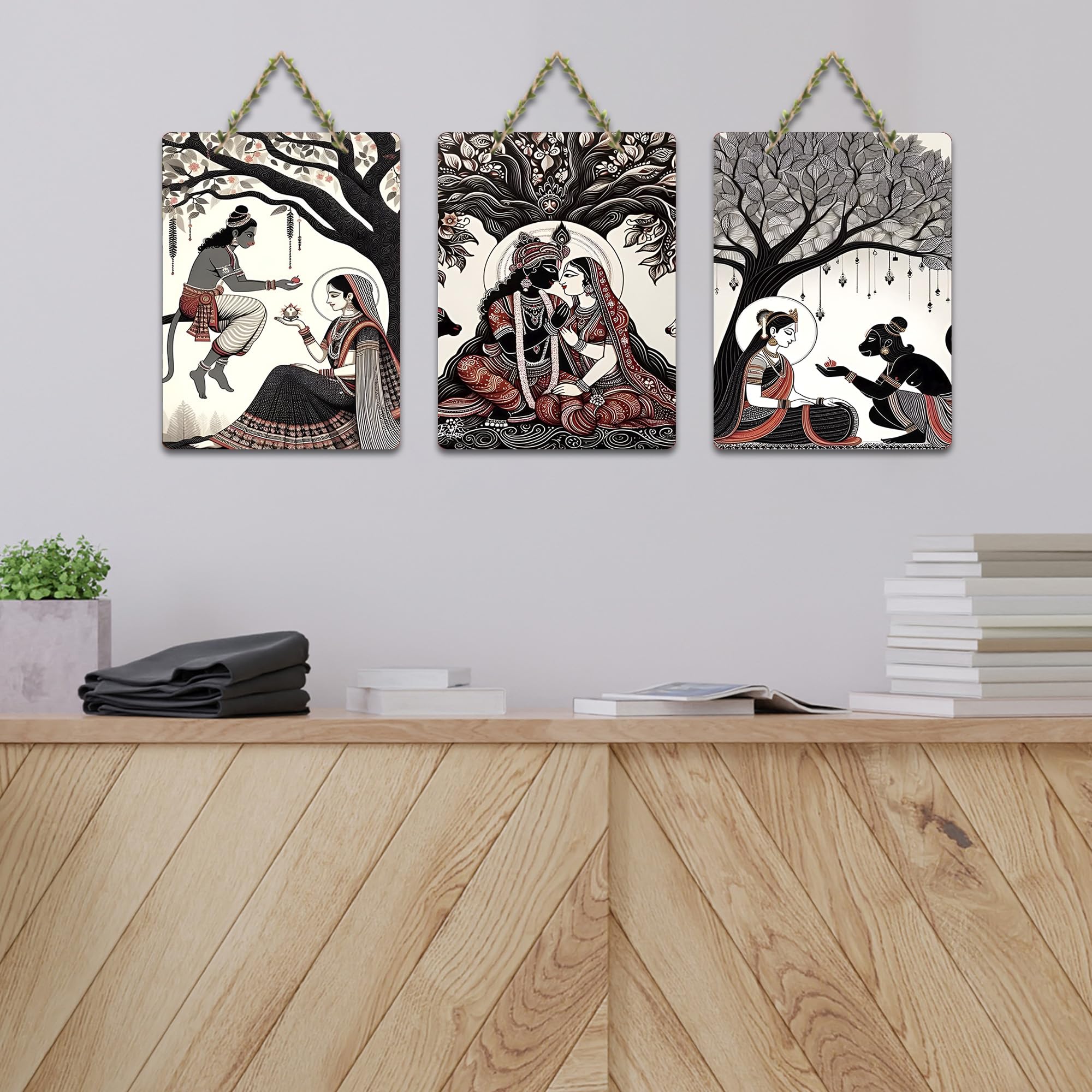 Artvibes Devotional Indian Spiritual Modern Art Wooden Art Decoration Item for Living Room | Art For Wall | Wall Sculpture | Signs & Plaques | Wall Art Print | Unique Gift Items (WH_9624N), Set of 3
