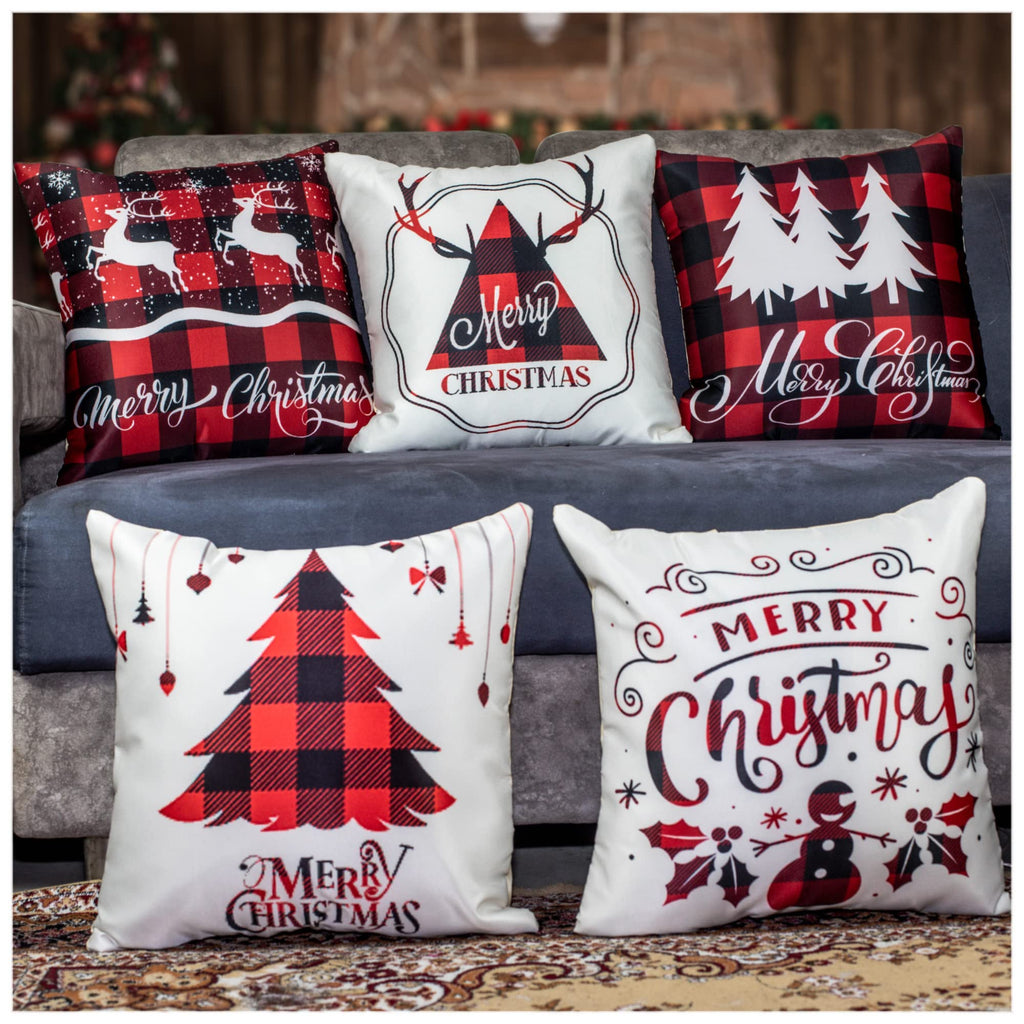 Vendola Decorative Merry Christmas 12 Inch x 12 Inch Cushion Covers Set of 5, Satin Cushion Cover for Sofa, Christmas Home Decor, White and Red Colour, Deer, Reindeer, Deer Print, (12X12 Inches)