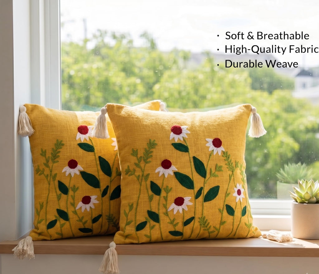 Furnistitchs Handmade Tufted Boho Cushion Covers 12x12 Inches | Embroidered Sofa Pillow Cases | Rustic Bohemian Decorative Throw Cushions for Couch Bedroom Living Room (2, Yellow Floral Cuts)