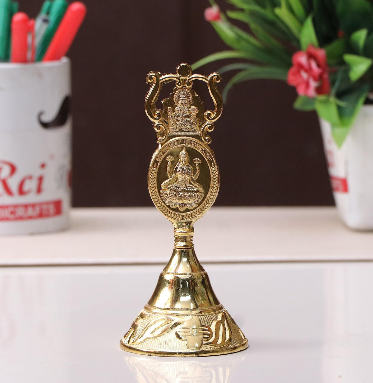 Kriday Kraft Antique Pooja Bells Metal Gold Kuber Ghanti, Hand Bell with Kuber Laxmi and Ganesh Embose for Pooja Mandir Handcrafted Puja Ghanti Home and Office Mandir Décor