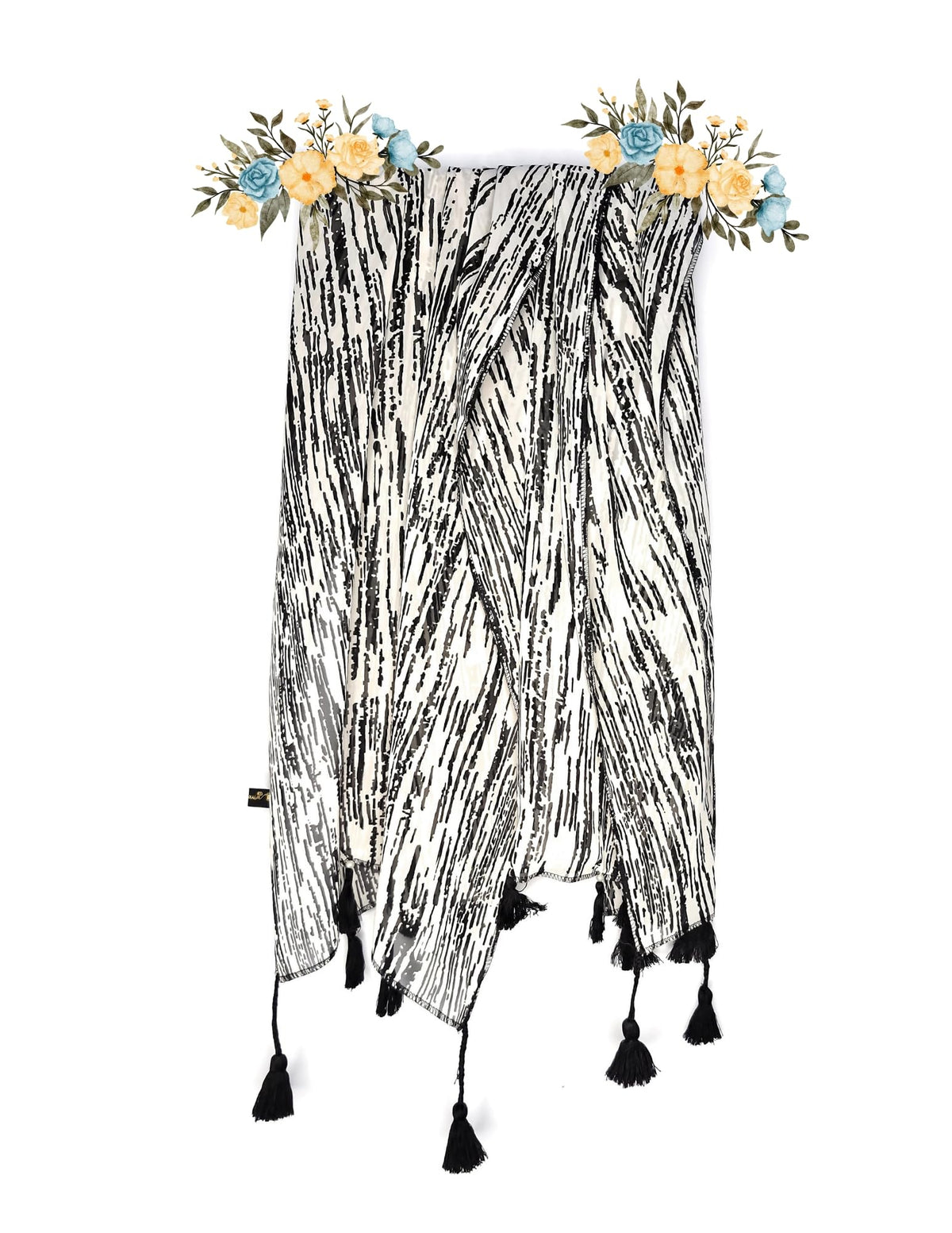 Chandwasia Fashion Floral Printed Scarf | Neck Shoulder Head Wrap Styling Dupatta Use | Polyester Chiffon Fabric Tassel Border Lightweight Soft Texture Pattern Women - White/Black