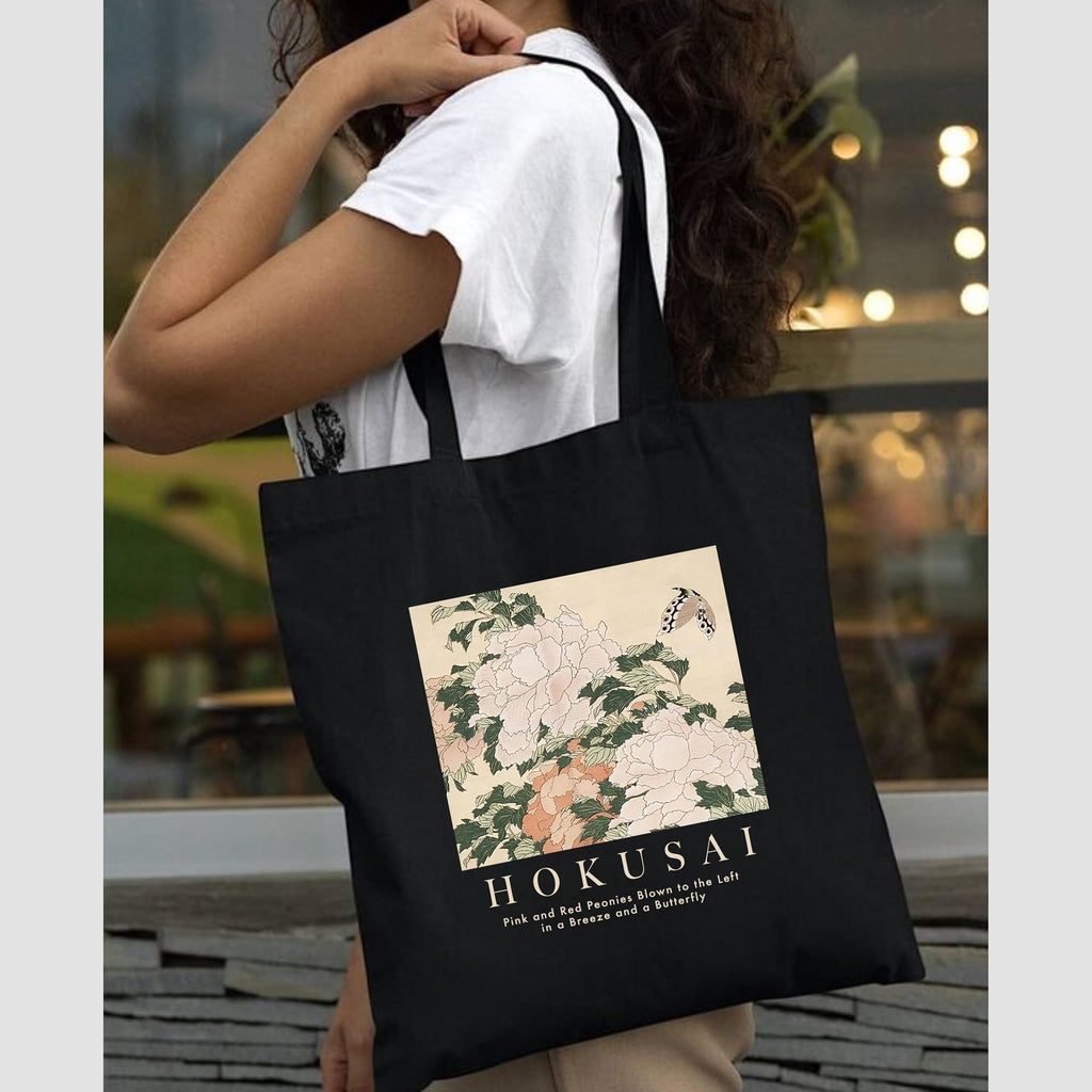 Peach Blossom Printed Cotton Zipper Tote Bags | CBAG - WHT-HELLFIRE_BLK-PEONIES HOKUSAI